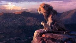 animal_focus blue_sky brush_stroke cliff cloud cloudy_sky concept_art father_and_son from_side full_body highres joe_studzinski lion lion_cub lion_tail looking_ahead mane mountainous_horizon mufasa no_humans official_art profile savannah simba sky sunlight sunset tail the_lion_king tree whiskers