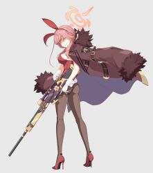 1girl alternate_costume animal_ears aru_(blue_archive) belt blue_archive breasts coat coat_on_shoulders demon_horns fake_animal_ears fake_tail fur-trimmed_coat fur-trimmed_jacket fur_coat fur_collar fur_trim gloves grey_background gun halo high_heels highres holding holding_gun holding_weapon horns jacket large_breasts leotard long_coat long_hair looking_at_viewer open_clothes open_coat pantyhose pink_hair playboy_bunny pumps rabbit_ears rabbit_tail red_shoes rifle sando_(dukedevil) shaded_face shoes sideboob smile solo stiletto_heels strapless strapless_leotard tail weapon yellow_eyes
