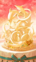 Rule 34 | akitaken (non faciem), animal-themed food, beach, chocolate, cloud, commentary, coral, dessert, dolphin, fate/grand order, fate (series), food, food art, food focus, green ribbon, heart, horizon, no humans, ocean, official art, outdoors, red background, ribbon, sand, scallop, seashell, shell, sky, starfish, still life, third-party source, white chocolate