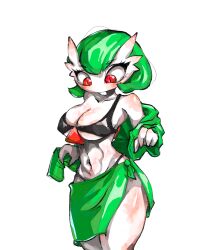 Rule 34 | 1girl, bare shoulders, bikini, black bikini, blush, bob cut, breasts, cleavage, collarbone, colored skin, ear blush, female focus, gardevoir, gen 3 pokemon, green hair, green jacket, green sarong, hands up, jacket, kobi (pixiv 110113813), large breasts, looking down, navel, nintendo, open clothes, open jacket, pokemon, pokemon (creature), red eyes, sarong, short hair, simple background, single strap, slit pupils, solo, standing, stomach, swimsuit, thick thighs, thighs, underboob, white background, white skin, wide hips
