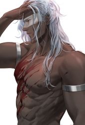 1boy abs ares ares_(hades) armlet blood blood_on_face closed_mouth commentary dark_skin english_commentary from_side hades_(series) hades_1 hand_in_own_hair hand_on_own_head highres jewelry long_hair male_focus muscular muscular_male nipples nose o3tofu red_eyes signature simple_background solo white_background white_hair