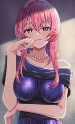 1girl arm_under_breasts blush breasts collarbone commentary_request dress fingernails happy_birthday highres idolmaster idolmaster_cinderella_girls jewelry jougasaki_mika koya_(koya_x_00) large_breasts light_smile long_hair looking_at_viewer nail_polish necklace off-shoulder_dress off_shoulder pearl_necklace pink_hair purple_dress solo straight_hair upper_body