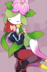 1girl affectionate arezu_(pokemon) black_footwear black_shorts boots bracelet closed_eyes closed_mouth commentary_request cowlick gradient_legwear happy heart highres hisuian_lilligant hug jacket jewelry long_sleeves mira_(miramita8727) nintendo pantyhose pokemon pokemon_(creature) pokemon_legends:_arceus red_hair shorts smile