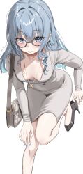 1girl absurdres adjusting_footwear alternate_costume bag blue_eyes blue_hair blue_nails breasts cleavage collarbone covered_navel cowboy_shot curly_hair glasses hand_on_own_knee handbag high_heels highres hololive hoshimachi_suisei jewelry leaning_forward leg_up long_hair looking_at_viewer necklace scarlet_(wv0102) small_breasts smile solo star_(symbol) star_in_eye star_necklace symbol_in_eye tight_clothes virtual_youtuber white_background