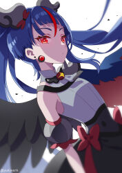 1girl armor black_dress black_wings blue_eyes blue_hair brooch commentary corruption cure_sky cure_sky_(dark) cut_bangs dark_persona detached_sleeves dress earrings feathered_wings glowing glowing_eyes hair_ornament highres hirogaru_sky!_precure jewelry long_hair magical_girl multicolored_hair pauldrons possessed possession precure puffy_detached_sleeves puffy_sleeves red_eyes red_hair shoulder_armor single_pauldron single_sidelock single_wing skearhead sleeveless sleeveless_dress solo sora_harewataru spiked_pauldrons standing streaked_hair twintails wing_brooch wing_hair_ornament wings yukinko_(yukiwork)