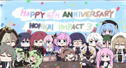 4boys 6+girls animal_ears aponia_(honkai_impact) black_dress black_hat black_pants black_tiara blonde_hair blue_eyes blue_hair blue_skirt brown_hair can_(honkai_impact) carrying cat_ears cat_girl closed_eyes confetti dress eden_(honkai_impact) elf elysia_(honkai_impact) elysia_(miss_pink_elf)_(honkai_impact) eyepatch fu_hua green_hair grey_hair griseo griseo_(starry_impression) happy_anniversary hat highres honkai:_star_rail honkai_(series) honkai_impact_3rd horns kalpas_(honkai_impact) kevin_kaslana klein_(honkai_impact) kosma light_blue_hair march_7th_(honkai:_star_rail) march_7th_(preservation)_(honkai:_star_rail) marin_liekuriva mask mask_on_head mei_(honkai_impact) mobius_(honkai_impact) multiple_boys multiple_girls nun one_eye_closed pants pardofelis piggyback pink_hair pointy_ears purple_hair rabbit_ears red_hair round_eyewear shirt skirt su_(honkai_impact) tiara top_hat veil vill-v white_hair white_shirt white_veil yae_sakura yae_sakura_(goushinnso_memento)