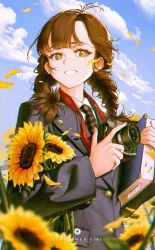 1girl absurdres black_jacket blue_sky book brown_eyes brown_hair brown_neckwear camera camera_around_neck chinese_commentary cloud collared_shirt commentary commentary_request day english_commentary english_text field flower flower-shaped_pupils flower_field grin hands_up highres holding holding_book holding_camera jacket l_ract long_hair long_sleeves looking_at_viewer mixed-language_commentary necktie original outdoors petals plaid_clothes plaid_necktie plaid_neckwear shirt sky smile solo sunflower sunflower_field symbol-shaped_pupils twintails upper_body white_shirt yellow_flower