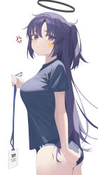 1girl absurdres anger_vein blue_archive blue_hair blush breasts closed_mouth commentary cowboy_shot frown halo highres holding holding_string lan001 large_breasts long_hair looking_at_viewer mechanical_halo short_sleeves simple_background solo star_sticker sticker_on_face string two_side_up white_background yuuka_(blue_archive) yuuka_(track)_(blue_archive)