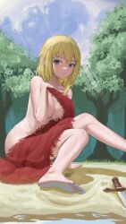 1girl barefoot black_souls blonde_hair blue_eyes blue_sky breasts cape closed_mouth cloud cloudy_sky completely_nude covering_privates feet hand_on_own_chest highres holding knife long_hair looking_at_viewer nude outdoors red_cape red_hood_(black_souls) sand sitting sky soles solo toes user_rjcf3828