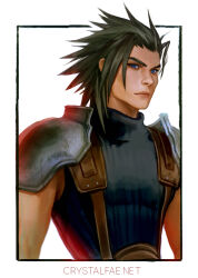 Rule 34 | 1boy, armor, belt, black hair, black shirt, blue eyes, border, brown belt, closed mouth, crystal fae, final fantasy, final fantasy vii, highres, male focus, medium hair, pauldrons, portrait, shirt, shoulder armor, sleeveless, sleeveless turtleneck, solo, suspenders, turtleneck, upper body, watermark, web address, white background, white border, zack fair