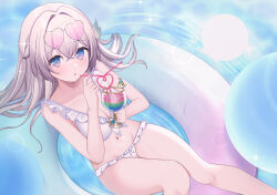 1girl :o belly bikini blue_eyes blush bow bow_bikini breasts cleavage cocktail cocktail_glass crazy_straw cup drinking_glass drinking_straw eyewear_on_head firefly_(birefly)_(honkai:_star_rail) firefly_(honkai:_star_rail) frilled_bikini frills gradient_eyes grey_hair hair_between_eyes hair_intakes hair_ornament hair_tubes heart heart-shaped_eyewear heart_straw highres honkai:_star_rail honkai_(series) large_breasts long_hair multicolored_eyes navel oguraponti open_mouth solo swimsuit tinted_eyewear tube two-tone_eyes white_bikini