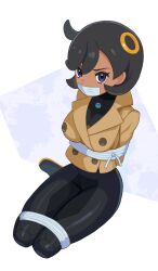 Rule 34 | 1girl, arms behind back, bdsm, black bodysuit, black hair, bodysuit, bodysuit under clothes, bondage, bound, collared jacket, commentary request, emma (pokemon), full body, gag, gagged, hair ornament, highres, improvised gag, jacket, nintendo, pokemon, pokemon legends: z-a, raftetram, short hair, sitting, solo, tape, tape gag
