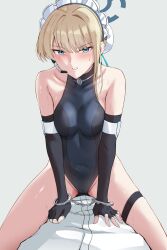 1boy 1girl absurdres bare_shoulders blonde_hair blue_archive blue_eyes breasts collarbone covered_navel cuffs elbow_gloves fingerless_gloves gloves grey_background halo handcuffs heattech_leotard highres leotard looking_at_viewer maid_headdress medium_breasts medium_hair microphone restrained shirt single_sidelock sitting sitting_on_person skindentation spread_legs sweatdrop tetsuffy_(tetsulul) thigh_strap toki_(blue_archive) turtleneck white_shirt