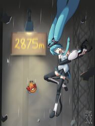 2girls aperture_science_handheld_portal_device aqua_eyes aqua_hair aqua_necktie artist_logo artist_name black_boots black_skirt boots collared_shirt commentary crossover dated digiral drill_hair english_commentary falling floating_hair full_body glados grey_shirt hair_ornament hatsune_miku headphones highres holding kasane_teto leg_up logo long_fall_boots long_hair looking_down miniskirt multiple_girls necktie open_mouth pearto pleated_skirt portal portal_(series) portal_2 potato red_eyes red_hair screaming shirt skirt sleeveless sleeveless_shirt thigh_boots thighhighs twin_drills twitter_username utau very_long_hair vocaloid zettai_ryouiki