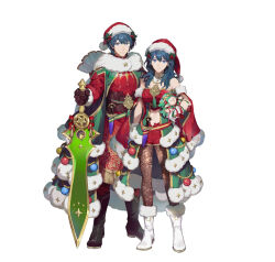 1boy 1girl bare_shoulders black_footwear black_gloves blue_eyes blue_hair boots brooch female_byleth_(fire_emblem) female_byleth_(frosty_professor)_(fire_emblem) male_byleth_(fire_emblem) male_byleth_(frosty_professor)_(fire_emblem) cape character_doll dagger doll dual_persona fire_emblem fire_emblem:_three_houses fire_emblem_heroes fur-trimmed_boots fur-trimmed_cape fur_trim gloves green_cape hair_ornament hat holding holding_doll holding_sword holding_weapon holly holly_hair_ornament jewelry knife looking_at_viewer medium_hair midriff mistletoe navel nintendo official_alternate_costume official_art pantyhose red_cape santa_costume santa_hat simple_background smile sothis_(fire_emblem) suzuki_iori sword weapon white_background white_footwear white_gloves