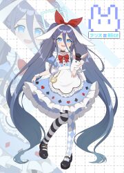 1girl absurdly_long_hair absurdres alice_(alice_in_wonderland) alternate_costume alternate_hairstyle animal aqua_halo aris_(blue_archive) asymmetrical_legwear black_choker black_shoes blue_archive blue_dress bow bowtie character_name checkered_background checkered_pantyhose choker clothes_lift commentary_request cosplay dress dress_lift full_body hair_bow halo highres holding holding_animal holding_rabbit long_hair looking_at_viewer mismatched_legwear pantyhose puffy_short_sleeves puffy_sleeves rabbit red_bow red_bowtie shoes short_sleeves standing striped_clothes striped_pantyhose twintails very_long_hair white_background wrist_cuffs wuqi_wupenguin zoom_layer