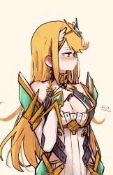 1girl absurdres averting_eyes blonde_hair blush breasts cleavage_cutout clothing_cutout dated gold_trim highres large_breasts long_hair mythra_(xenoblade) no_mouth rnna shy simple_background solo tiara white_background xenoblade_chronicles_(series) xenoblade_chronicles_2