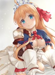 Rule 34 | 1girl, absurdres, ahoge, armor, blonde hair, blue eyes, blush, braid, breasts, cleavage, dress, female focus, gloves, gradient background, highres, long hair, looking at viewer, medium breasts, orange hair, pauldrons, pecorine (princess connect!), princess connect!, ribbon, short sleeves, shoulder armor, simple background, solo, split mouth, tiara, white background, yuririn poi