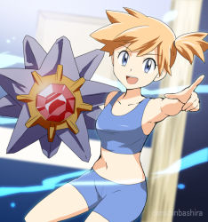 1girl adapted_costume artist_request asymmetrical_hair bikini blue_eyes blue_shirt breasts cowboy_shot gen_1_pokemon gym_leader legs misty_(pokemon) navel nintendo orange_hair pokemon pokemon_(creature) pokemon_frlg ponytail red_hair shirt short_hair side_ponytail solo spandex starmie swimsuit thighs