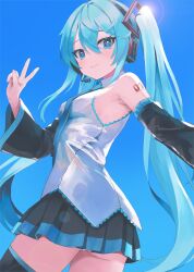 1girl armpits bare_shoulders black_sleeves black_thighhighs blue_background blue_hair blue_sky blush breasts closed_mouth collared_shirt commentary_request cowboy_shot detached_sleeves dress fingernails from_behind hair_between_eyes hand_up hatsune_miku headphones headset highres long_hair looking_at_viewer looking_back microphone miniskirt number_tattoo outstretched_arm panties pantyshot pleated_skirt red_tattoo shirt shoulder_tattoo sideboob skirt sky sleeveless sleeveless_shirt small_breasts smile solo takepon1123 tattoo thighhighs twintails underwear v very_long_hair vocaloid white_panties wing_collar