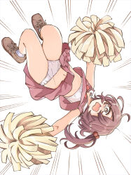 1girl arms_at_sides bow bowtie bra bra_peek brown_eyes brown_shoes cheerleader commentary_request falling fukaku-tei full_body hair_bobbles hair_ornament highres holding holding_pom_poms komari_chika looking_at_viewer make_heroine_ga_oo_sugiru! miniskirt motion_lines navel official_alternate_costume one_side_up panties pantyshot pleated_skirt pom_pom_(cheerleading) pom_poms red_bow red_bowtie red_hair red_shirt red_skirt sailor_collar sanpaku scared shirt shoes short_hair simple_background skirt sleeveless sleeveless_shirt socks solo speed_lines stomach thighs underwear upside-down white_background white_bra white_panties white_sailor_collar white_socks wide-eyed