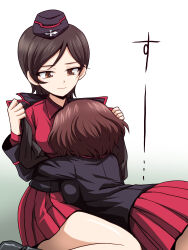 Rule 34 | 2girls, absurdres, akaboshi koume, black footwear, black hat, black jacket, blue eyes, boots, brown hair, closed mouth, dress shirt, garrison cap, girls und panzer, hat, highres, hug, insignia, iruma anna, jacket, kamishima kanon, kneeling, kuromorimine military uniform, leaning forward, long sleeves, looking at another, military hat, military uniform, miniskirt, multiple girls, open clothes, open jacket, opened by self, pleated skirt, red shirt, red skirt, shirt, short hair, skirt, smile, translated, wavy hair, wing collar