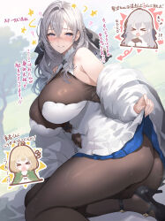 2girls ? absurdres ass baketsu bare_shoulders black_bow black_shoes blonde_hair blue_eyes blue_skirt blush bodystocking bow breasts cleavage clothes_lift clothing_cutout commentary_request foot_out_of_frame hair_bow high_heels highres huge_breasts looking_at_viewer miniskirt multiple_girls navel_cutout original pleated_skirt shoes skirt skirt_lift translation_request two-tone_skirt underbust white_skirt