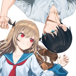 1boy 1girl absurdres ahoge atri atri-my_dear_moments- black_hair blue_eyes blue_sailor_collar brown_hair closed_mouth collarbone collared_shirt hair_between_eyes highres ikaruga_natsuki long_hair looking_at_viewer lying on_back rasupekuto red_eyes red_ribbon ribbon sailor_collar shirt short_hair simple_background smile upper_body white_background white_shirt