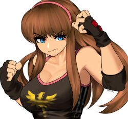 1girl black_gloves black_tank_top blue_eyes breasts brown_hair cleavage clenched_hand collarbone dead_or_alive fingerless_gloves frown gloves hairband highres hitomi_(doa) largemilk long_hair medium_breasts pink_hairband solo tank_top upper_body v-shaped_eyebrows white_background