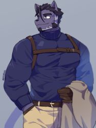 1boy animal_ears artist_name bara beard black_hair blue_sweater brown_coat brown_gloves brown_pants cat_boy cat_ears cat_tail chest_harness closed_mouth coat commentary_request facial_hair furry furry_male gloves grey_background hand_in_pocket harness highres holding holding_unworn_clothes korean_commentary live_a_hero looking_to_the_side male_focus mayobug pants pectorals smile sweater tail tsuneaki_(live_a_hero)
