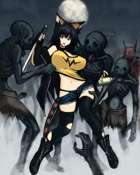 1girl absurdres animal_ears black_hair black_panties breasts brown_eyes camisole cat_ears cat_girl cat_tail clothes_lift highres huge_breasts kosmic91 kotone kotone_inazuma large_breasts long_hair narrow_waist non-web_source panties short_shorts shorts tail thighhighs torn_clothes torn_thighhighs underwear vivid_dead zombie