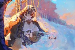 arm_guards bara birch_tree bird chest_fur headband highres horkeu_kamui kiekoio multicolored_hair school_uniform snowing sunset tokyo_houkago_summoners tree two-tone_fur two-tone_hair white_bird yellow_eyes