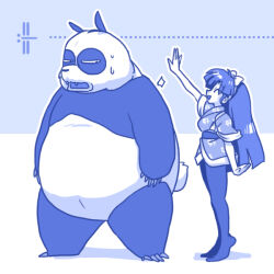 Rule 34 | 1girl, animal, bow, closed eyes, fangs, hair bow, kuonji ukyou, open mouth, panda, ranma 1/2, salute, saotome genma (panda), shadow, size difference, wanta (futoshi)
