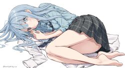 1girl absurdres bare_legs barefoot blue_hair blue_shirt closed_mouth collared_shirt diagonal-striped_clothes diagonal-striped_necktie feet grey_eyes hair_flowing_over hamigakikoice highres jacket legs long_hair long_sleeves lying necktie original plaid_clothes plaid_skirt pleated_skirt school_uniform shirt skirt solo striped_clothes toes twitter_username unworn_jacket white_jacket