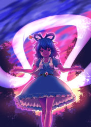1girl blue_eyes blue_hair dress drill_hair female_focus flower hair_ornament hair_rings hair_stick kaku_seiga matching_hair/eyes ofuda open_mouth satou_yuuki shawl short_hair smile solo touhou twilight vest