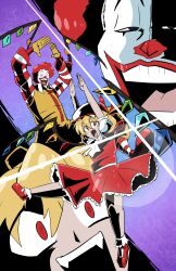 1boy 1girl absurdres blonde_hair clown commentary crossover crystal_wings deputy_rust english_commentary flandre_scarlet hat highres mcdonald&#039;s purple_background ran_ran_ru red_eyes red_shorts red_skirt ronald_mcdonald shorts skirt touhou white_hat