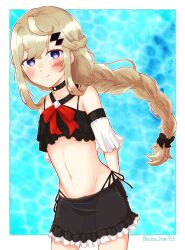 1girl absurdres arm_behind_back bikini black_bikini black_bow black_choker blue_background border bow braid choker detached_sleeves highres katou_hsm153 live_a_hero long_hair looking_at_viewer melide_(live_a_hero) navel red_ribbon ribbon scar scar_on_face smile solo swimsuit twitter_username white_border