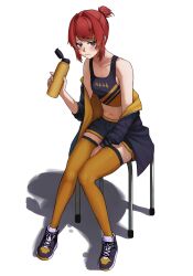 Rule 34 | 1girl, alternate costume, ange katrina, bare shoulders, between legs, blue eyes, blue jacket, blue shoes, blue shorts, blue tank top, blush, bottle, breasts, closed mouth, collarbone, commentary request, doidamon, frown, full body, hair intakes, hair ornament, hairclip, half-closed eyes, hand between legs, highres, holding, holding bottle, hunched over, jacket, jacket partially removed, long sleeves, looking at viewer, midriff, multicolored eyes, nijisanji, on stool, ponytail, purple eyes, red hair, shadow, shoes, short ponytail, shorts, sidelocks, simple background, sitting, small breasts, sneakers, solo, stool, sweat, swept bangs, tank top, thighhighs, two-sided fabric, two-sided jacket, two-tone eyes, two-tone tank top, virtual youtuber, water bottle, white background, yellow jacket, yellow tank top, yellow thighhighs