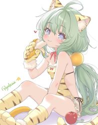1girl :t ahoge animal_ears animal_hands apple arm_between_legs artist_name banana blue_eyes blush breasts closed_mouth eating feet_out_of_frame food fruit gloves green_hair heart highres holding holding_food holding_fruit loli long_hair looking_at_viewer neck_ribbon one-piece_swimsuit original paw_gloves po_yo_ta_ma ponytail red_ribbon ribbon simple_background sitting small_breasts smile solo swimsuit tail tiger_ears tiger_girl tiger_paws tiger_tail very_long_hair white_background yellow_one-piece_swimsuit