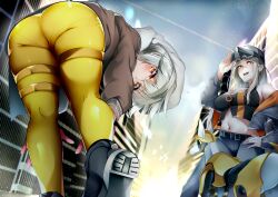 2girls alternate_hair_color ass black_jacket black_pants blonde_hair bodysuit breasts brown_jacket building centi_(nikke) goddess_of_victory:_nikke highres jacket large_breasts len_(hand_linke) liter_(nikke) looking_at_viewer multiple_girls navel night night_sky non-humanoid_robot outdoors pants robot robot_animal robot_dog sky thigh_strap volt_(nikke) white_hair yellow_bodysuit