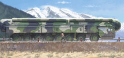 Rule 34 | 1girl, backpack, bag, ballistic missile, black hair, black pants, camouflage, clothes around waist, guard rail, highres, hiking, jacket, jacket around waist, military vehicle, motor vehicle, mountainous horizon, original, paid reward available, painting (medium), pants, people&#039;s liberation army, people&#039;s liberation army navy air force, red star, road, shouhui lang qun, signature, solo, star (symbol), traditional media, transporter erector launcher (tel), truck, vehicle focus, walking