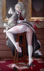 1girl absurdres alexandrina_sebastiane ass asymmetrical_legwear blush feet grey_hair highres long_hair looking_at_viewer maid painting_(object) parted_lips puppnet red_eyes shoes socks soles thighhighs toes unworn_shoes white_socks white_thighhighs zenless_zone_zero