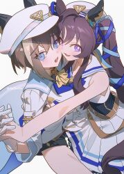Rule 34 | 2girls, 9nyo, :3, :d, absurdres, animal ears, armpit crease, ascot, bare shoulders, black hair, black shorts, blue eyes, blue ribbon, blush, bright pupils, brown hair, cheek-to-cheek, cheval grand (umamusume), commentary request, crop top, cropped shirt, ear covers, gloves, grey hair, hair ribbon, hat, heads together, highres, holding hands, horse ears, horse girl, horse tail, interlocked fingers, korean commentary, long hair, looking at viewer, miniskirt, mole, mole under eye, multicolored hair, multiple girls, open mouth, pleated skirt, purple eyes, raised inner eyebrows, ribbon, sailor collar, sailor hat, sailor shirt, shirt, short hair, short shorts, shorts, simple background, single ear cover, single hair intake, skirt, sleeveless, sleeveless shirt, smile, streaked hair, tail, tearing up, twintails, twitter username, umamusume, vivlos (umamusume), white background, white gloves, white hat, white sailor collar, white shirt, white skirt, yellow ascot