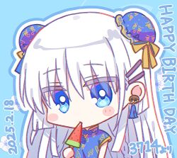1girl 2025 alternate_costume alternate_hairstyle black_dress blue_background blue_eyes blunt_ends blush_stickers bright_pupils bun_cover character_ear_piercing chibi chibi_only china_dress chinese_clothes commentary_request commission dated double_bun dress eyes_visible_through_hair food food_in_mouth hair_behind_ear hair_between_eyes hair_bun hair_ornament hairclip happy_birthday highres holding holding_food holding_popsicle long_hair looking_at_viewer naruse_shiroha outline parallel_hairclips popsicle popsicle_in_mouth short_sleeves sidelocks simple_background solo straight_hair summer_pockets takahara_hairi upper_body watermelon_bar white_hair white_outline white_pupils zuzuhashi