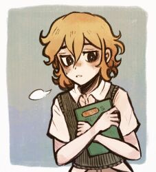 Rule 34 | 1boy, alternate eye color, basil (faraway) (omori), basil (omori), black eyes, blonde hair, blush, book, bright pupils, collared shirt, green sweater vest, highres, holding, holding book, looking at viewer, male focus, omori, ottie pops, parted lips, scrapbook, shirt, short hair, short sleeves, solo, sweatdrop, sweater vest, white pupils, white shirt