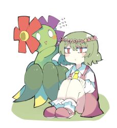 1girl ascot baron_(x5qgeh) bellossom blush_stickers flower gen_2_pokemon green_hair holding kazami_yuuka nintendo open_mouth pokemon pokemon_(creature) red_eyes red_footwear short_hair simple_background sitting skirt socks standing touhou vest white_socks yellow_ascot