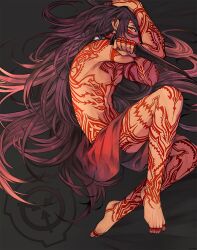 Rule 34 | 1boy, abs, barefoot, black hair, black shorts, dagger, full-body tattoo, holding, holding dagger, holding knife, holding weapon, knife, long hair, looking at viewer, lying, male focus, on side, pectorals, scp-076-2, scp foundation, shorts, solo, swan (doesu), tattoo, toenails, toned, toned male, topless male, very long hair, weapon