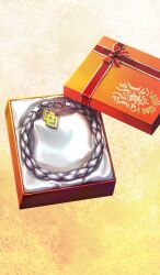 box chocolate_lady_no_karasawagi commentary fate/grand_order fate_(series) gift gift_box in_box in_container lasengle no_humans object_focus official_art orange_background orange_theme rope third-party_source