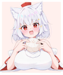 +_+ 1girl animal_ear_fluff animal_ears steamed_bun bare_shoulders blush breasts commentary_request crossed_bangs detached_sleeves drooling food hat holding holding_food inubashiri_momiji large_breasts looking_at_food mouth_drool open_mouth raised_eyebrows red_eyes red_hat rururiaru shirt short_hair sleeveless sleeveless_shirt solo sparkle tokin_hat touhou upper_body white_hair white_shirt white_sleeves wide_sleeves wolf_ears