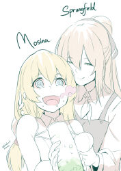 2girls @_@ apron behind_another blonde_hair blue_eyes bow breasts brown_bow bubble burp character_name closed_mouth collared_shirt commentary dated double-parted_bangs drooling english_commentary eyes_visible_through_hair fanged_bangs fingernails gas girls&#039;_frontline grabbing_another&#039;s_breast measuring_cylinder green_eyes groping hair_between_eyes hair_bow hair_tie hand_in_another&#039;s_hair hand_up highres holding_measuring_cylinder kion-kun light_brown_hair liquid long_bangs long_hair long_sleeves looking_at_another low-tied_long_hair medium_breasts mosin-nagant_(girls&#039;_frontline) mouth_drool multiple_girls neckerchief open_mouth partially_colored shirt sleeveless sleeveless_shirt smile springfield_(girls&#039;_frontline) sweat twitter_username typo upper_body white_background